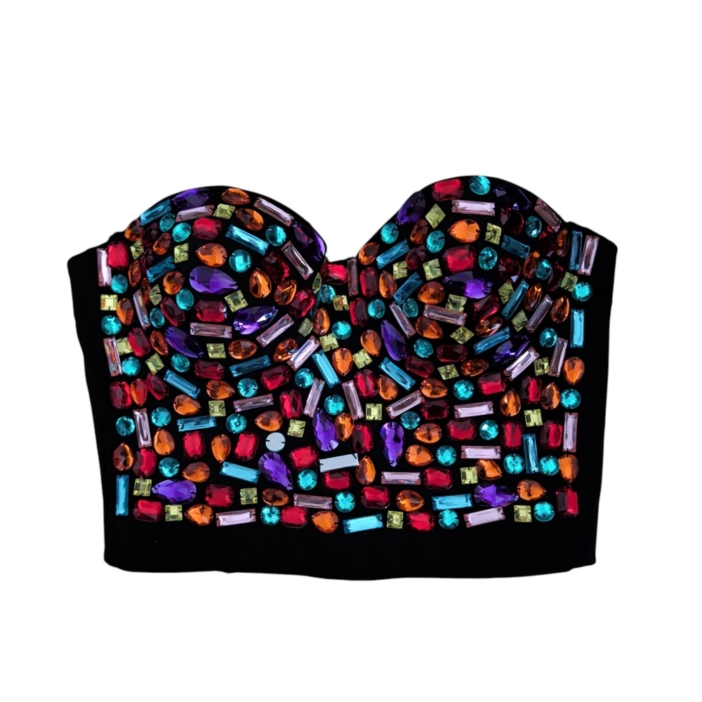 Jeweled Mulicolor Bustier Push-Up Clubwear Rave Strapless Top Medium